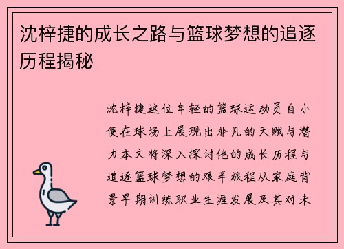 沈梓捷的成长之路与篮球梦想的追逐历程揭秘