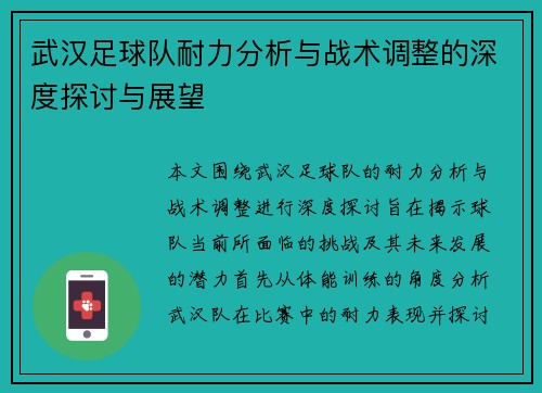 武汉足球队耐力分析与战术调整的深度探讨与展望